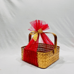 Ready-to-Use Trousseau Packing Metal Basket with Red Net and Golden Ribbon for Gift Hampers and Trousseau Packing (8x8x3 inches)