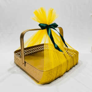 Ready-to-Use Trousseau Packing Metal Basket with Yellow Net and Green Ribbon for Gift Hampers and Trousseau Packing (10x10x2 inches)