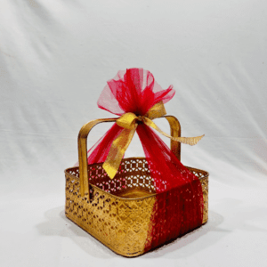 Ready-to-Use Trousseau Packing Metal Basket with Red Net and Golden Ribbon for Gift Hampers and Trousseau Packing (8x8x3 inches)