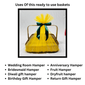 Ready-to-Use Trousseau Packing Metal Basket with Yellow Net and Green Ribbon for Gift Hampers and Trousseau Packing (10x10x2 inches)