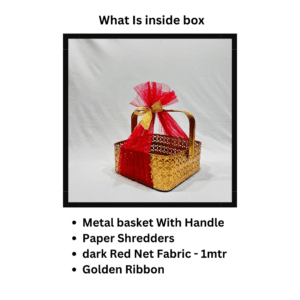 Ready-to-Use Trousseau Packing Metal Basket with Red Net and Golden Ribbon for Gift Hampers and Trousseau Packing (8x8x3 inches)